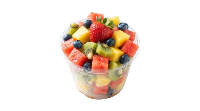 A fresh fruit salad cup containing watermelon, pineapple, kiwi, strawberries, and blueberries isolated on transparent background