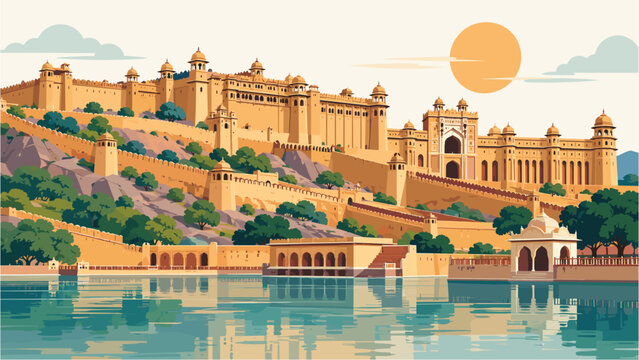 Amer Fort in Jaipur Rajasthan with Maota Lake Reflection Vector Illustration