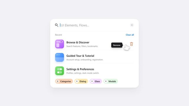 Search interface menu displaying browser discover options and settings preferences window layout