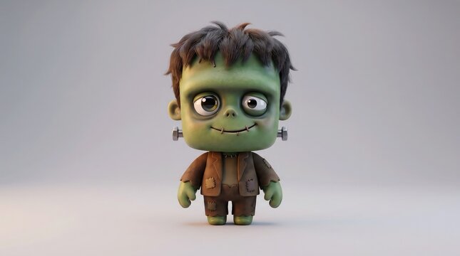 Frankenstein monster 3D character cute cartoon illustration with green skin and bolts