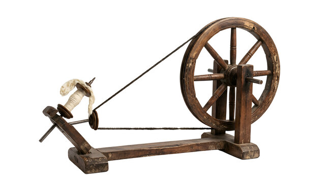 Wooden spinning charkha wheel with thread isolated on white background, perfect for textile heritage and craft design projects, and creative projects, high quality visuals, modern branding