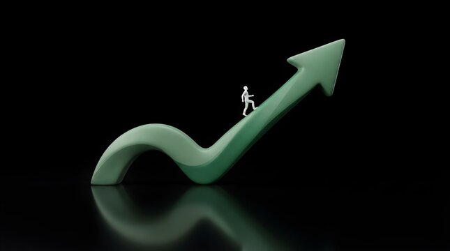 Small figurine walking up a large green upward arrow symbolizing financial growth and success