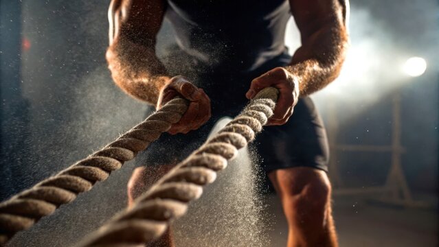hyrox workout race concept. Athlete pulling battle ropes intensely in a gym with sweat and chalk dust visible in the air.