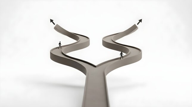 Two tiny businessmen standing on split paths with arrows pointing upward on white background