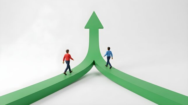 Two tiny figures walking on a green split arrow path representing growth and direction