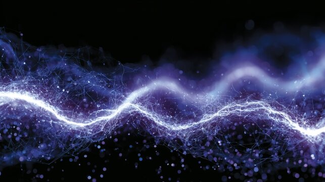 Abstract representation of electric energy flow with glowing light waves and sparkling particles on a dark background, creating a sense of motion and dynamism