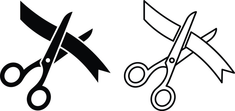 Scissors cutting red ribbon grand opening vector icon set featuring ceremonial launch event and inaugurate celebration symbols.eps