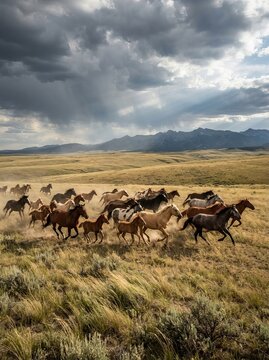 Wild mustangs galloping across golden plains beneath a dramatic sky without any text or logos