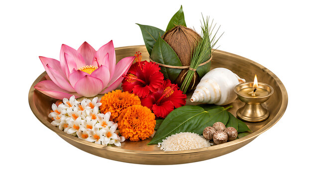 Traditional brass offering tray with lotus hibiscus marigold conch coconut rice and diya durga puja isolated on a transparent background