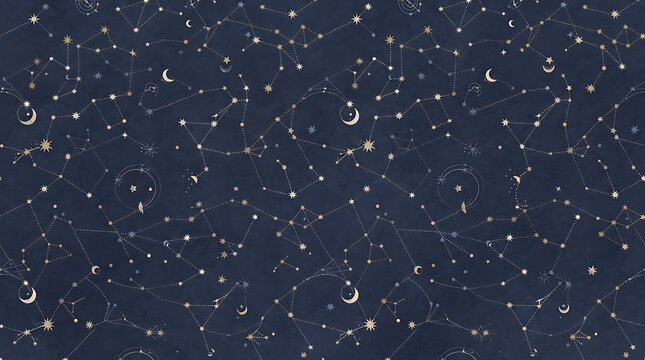 Seamless celestial pattern with gold stars, constellations, and crescent moons on a dark blue night sky background