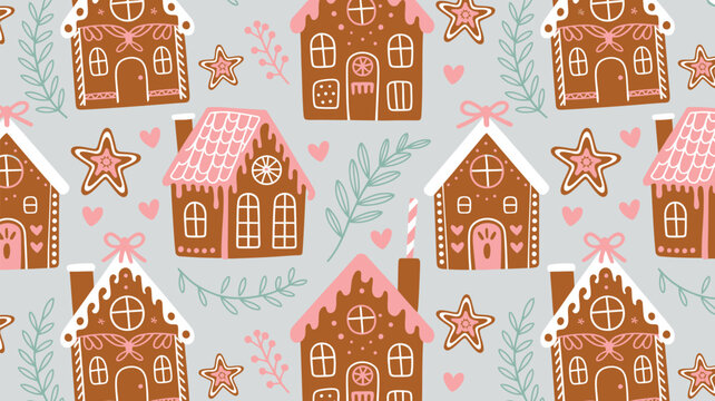 Seamless pattern with cute gingerbread houses, stars, and leaves on a light grey background, perfect for christmas wrapping paper and festive holiday fabric designs