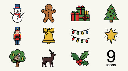 Fototapeta premium Flat design icon set for winter holidays, featuring snowman, gingerbread man, gifts, tree, nutcracker, bell, lights, star, bird, deer, holly.