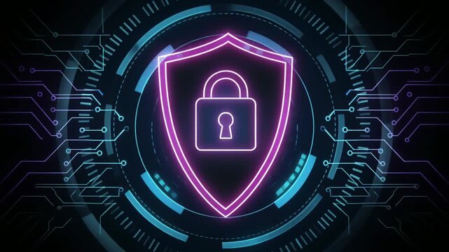 暗いテック空間に光るロックとシールドのセキュリティイメージ
