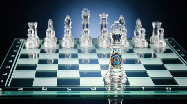 A glass chess king piece with a target symbol stands prominently on a chessboard with other pieces blurred in the background