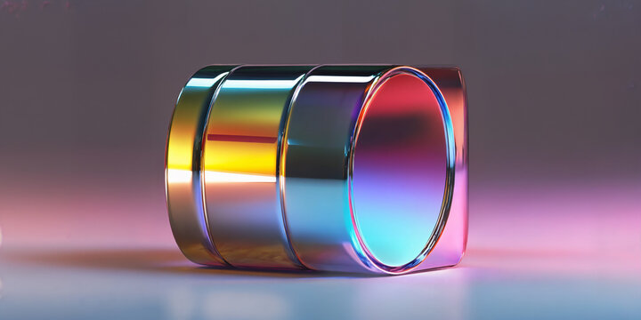 Iridescent chrome cylinder with rainbow metallic reflections, futuristic titanium ring object, sleek holographic metal pipe on soft gradient background