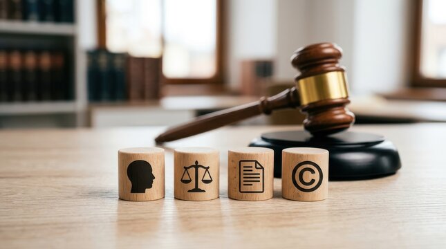 Wooden blocks with legal and intellectual property icons arranged in a row with a judges gavel on a wooden office desk