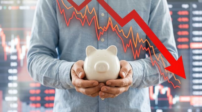 A person holding a piggy bank in front of a digital screen showing a falling stock market chart with a large red arrow