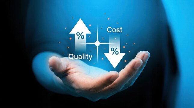Conceptual image of a hand holding digital icons representing increasing quality and decreasing cost for business optimization