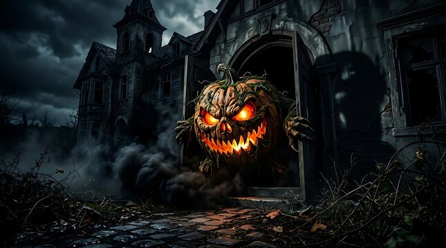 Scary carved jack o lantern hanging in dark cave with eerie atmosphere