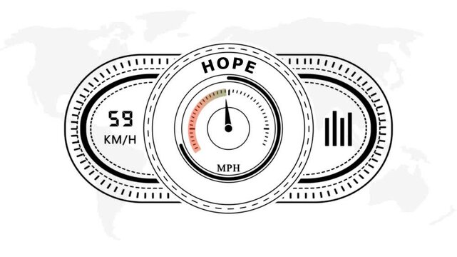 Universal level meter indicator with Hope text Animation.Gauge scale meter status performance on white background.Circular speedometer gauge with speed indicators on white background.4k video