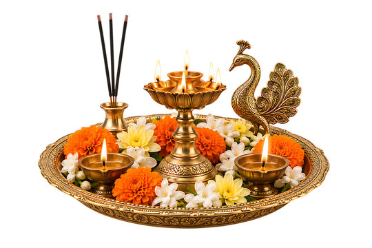 Ornate brass puja thali with lit oil lamps incense flowers and decorative peacock durga puja isolated on a transparent background