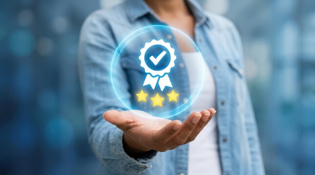 A person holding a glowing digital icon representing quality assurance and customer satisfaction with a checkmark and three stars
