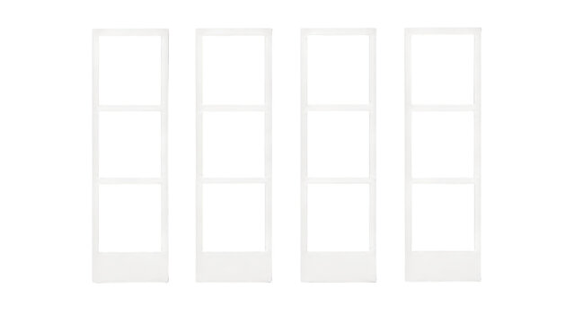 Four vertical white photo booth film strips isolated on transparent background