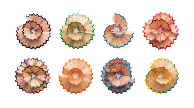 Set of colorful pencil shavings isolated on transparent background