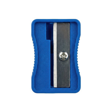 A blue plastic pencil sharpener with a metal blade, isolated on transparent background
