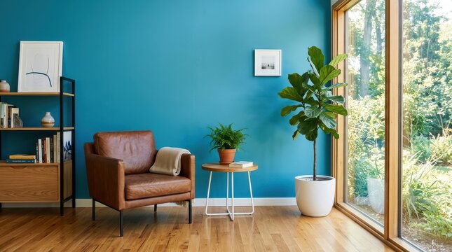 Modern living room interior with a brown leather armchair, wooden bookshelf, and a large fiddle leaf fig plant against a blue wall