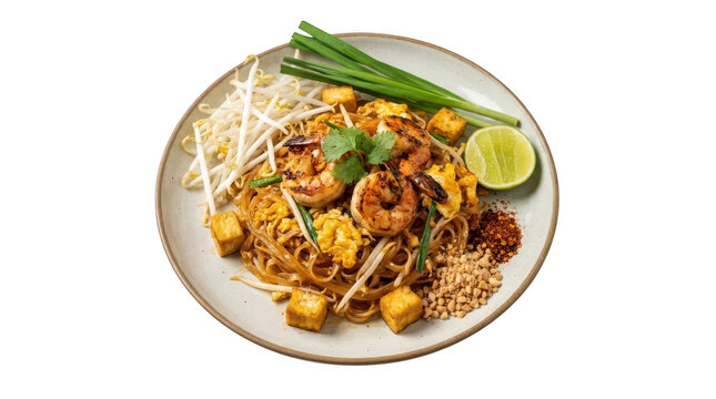 Top view of delicious pad thai with grilled shrimp, tofu, bean sprouts, peanuts, chili flakes, and lime, isolated on transparent background