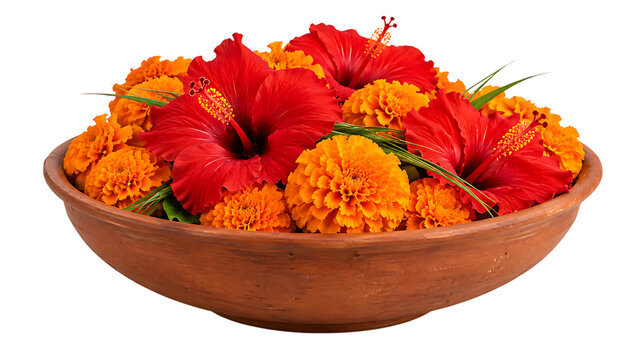 Terracotta bowl filled with hibiscus and marigold flowers for traditional hindu floral offering durga puja isolated on a transparent background