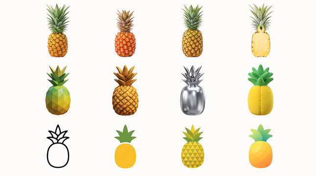 Assorted pineapples displayed in a grid showcasing diverse textures and styles isolated on white background