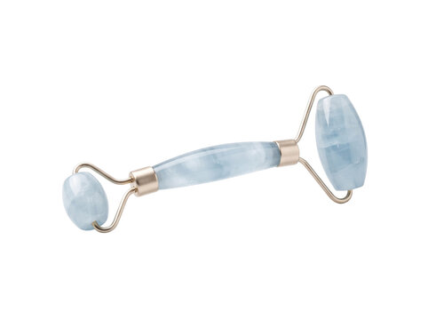 Blue quartz facial roller for skincare routine, natural stone face massager with gold metal frame, luxury beauty tool for anti-aging and lymphatic drainage