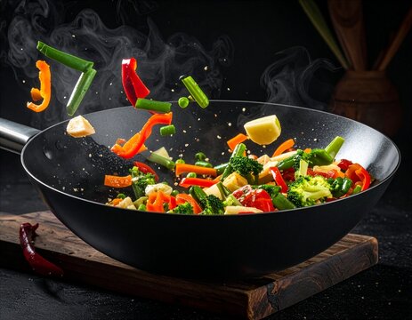 Ein Koch schwenkt in der Restaurantk&uuml;che frisches knackiges Gem&uuml;se dynamisch in einem Wok f&uuml;r die schnelle Zubereitung eines gesunden Asia-Gerichts.
