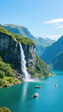 Stunning natural landscape of steep green mountain cliff with tall waterfall falling into turquoise glacial lake with small tourist boats under clear bright blue sky