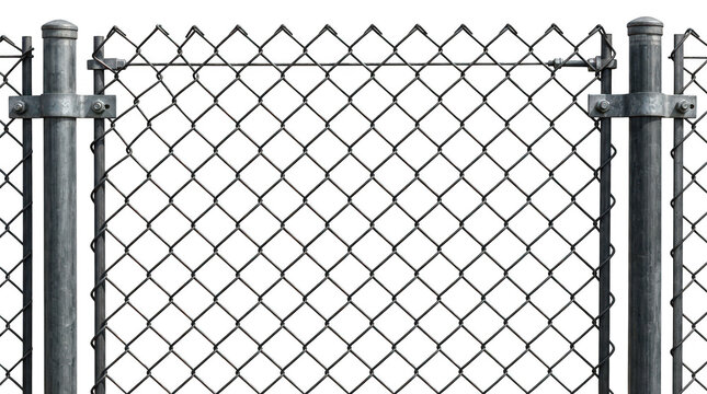 Chain link fence section with metal posts isolated on transparent background