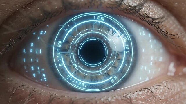 Cybernetic human eye with neon digital interface and data tracking