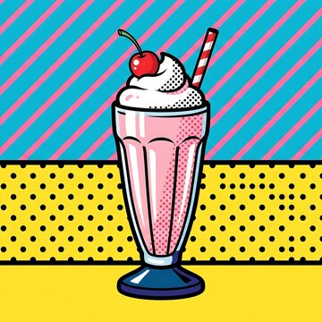 A vibrant pop art poster of a milkshake glass with a single cherry. 