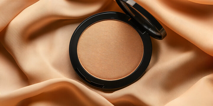 Golden bronzer powder in black compact, shimmering face highlighter on beige silk fabric, luxury makeup product for skin glow and beauty branding