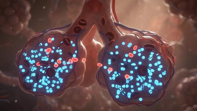 Microscopic view of gas exchange in human alveoli during breathing