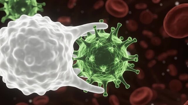 Macrophage engulfing viral pathogen in human blood vessel
