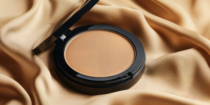 Luxury face powder compact on beige silk fabric, elegant cosmetic makeup product illustration, golden tan foundation powder in black case