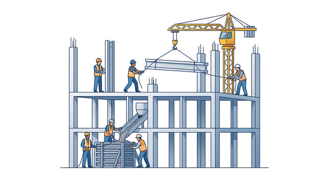 Illustration of construction workers building a multistory concrete structure.