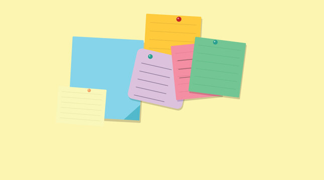 Colorful sticky notes with text floating on yellow background