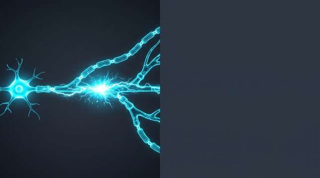 A glowing cyan neuron cell with a bright electrical synapse spark connecting to a nerve ad social media download thambnail poster web template event festival 2026 2027 2028