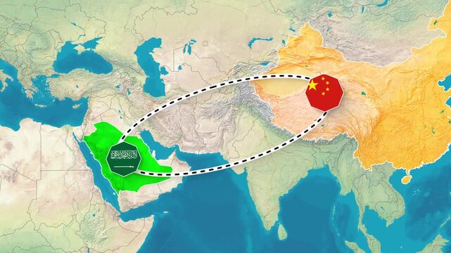 Saudi Arabia and China Bilateral Relationship Map Animation Footage