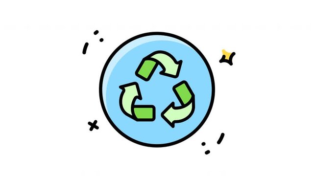 Set of green recycling icons on blue circular backgrounds