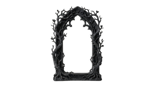 Gothic style mirror frame with intricate black tree branch and root carvings, elegant dark aesthetic home decor piece isolated on transparent background