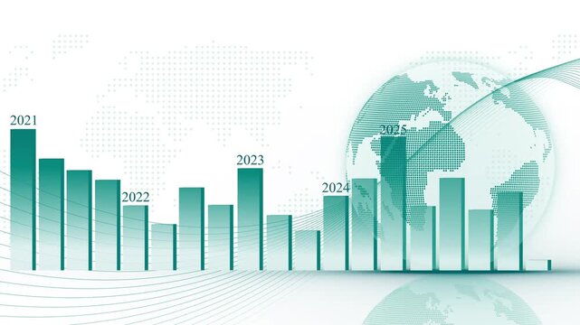 Digital bar chart with years 2021-2026 animation, glowing vertical bars decreasing then varying